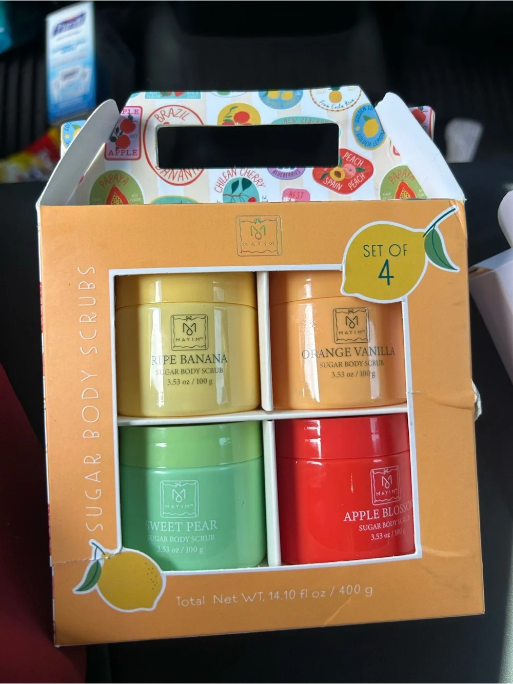 Set of 4 Sugar Body Scrubs - Yellow, Orange, Green, Red